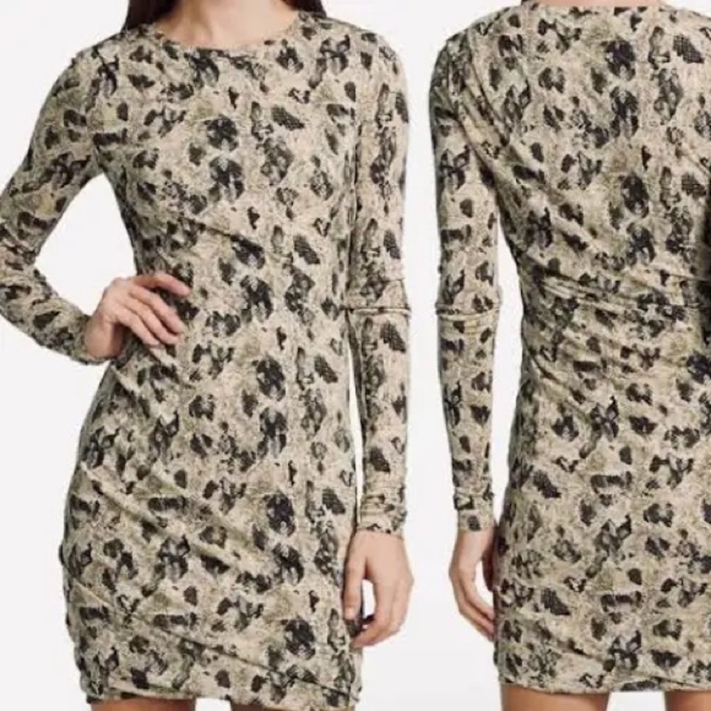 Rag & Bone Tan Snake Print Poppy Draped Long Sleeve Mini Dress Med New w/tags